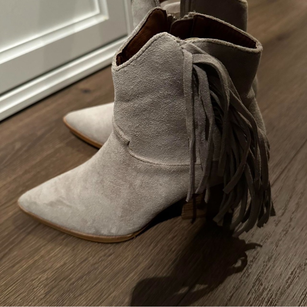 Gray Suede Fringe Ankle Boots
